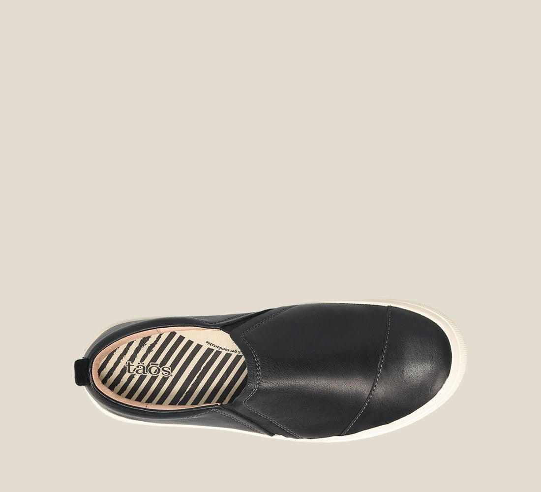 Top down Angle of Twin Gore Lux Black Leather double gore slip on featuring our curves & pods removable footbed &rubber outsole 6