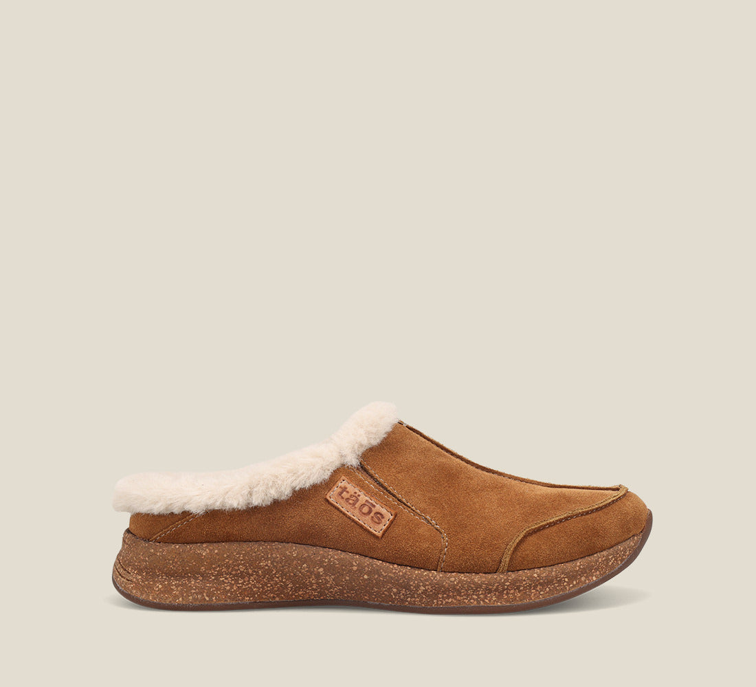 Outside Angle of Future Chestnut Suede Water resistant suede slip on clog with faux fur lining, a removable footbed, &rubber outsole 6