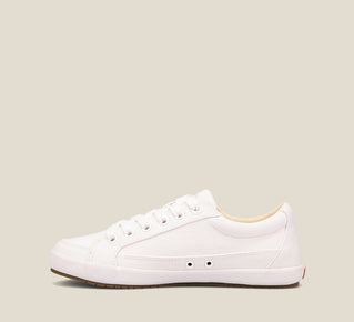 Load image into Gallery viewer, &quot;Side image of Moc Star 2 White Canvas sneaker with laces, Curves &amp; PodsÂ® polyurethane removable footbed with Soft Supportâ„¢, and durable, flexible rubber outsole.&quot;
