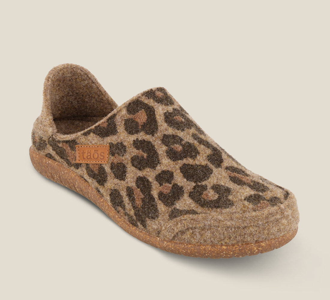 "Hero image of Convertawool Tan Leopard Wool Wool slip on with back, wool lined, featuring a removable footbed & TR outsole - size 36"
