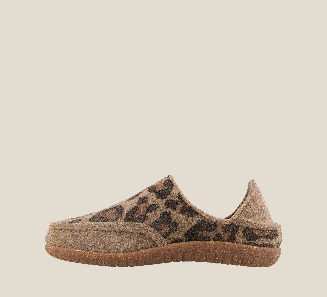 "Instep of Convertawool Tan Leopard Wool Wool slip on with back, wool lined, featuring a removable footbed & TR outsole - size 36"