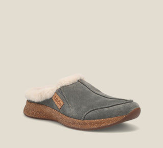 Load image into Gallery viewer, Hero image of Future Dark Grey Suede Water resistant suede slip on clog with faux fur lining, a removable footbed, &amp;rubber outsole 6
