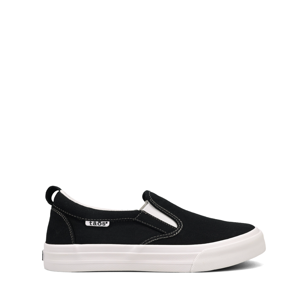 Side angle image of Taos Footwear Rubber Soul Black/White Canvas Size 6