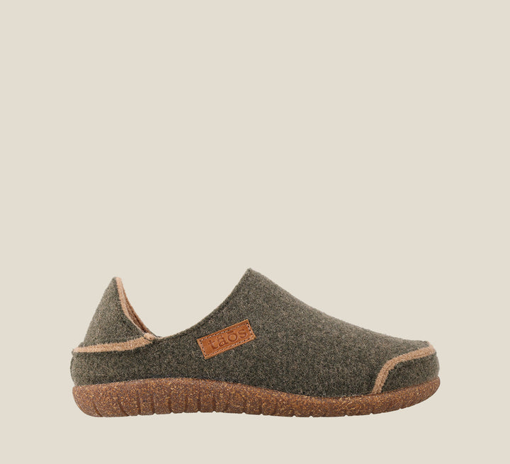 "Outside Angle of Convertawool Olive Wool slip on with back, wool lined, featuring a removable footbed & TR outsole
 - size 36"