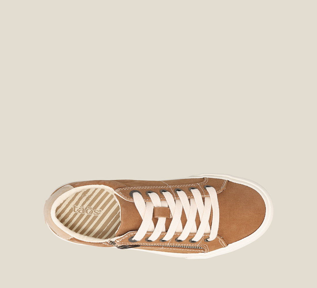 Top down Angle of Z Soul Golden Tan/Tan Distressed Canvas lace up sneaker featuring an Top down zipper,polyurethane removable footbed with rubber outsole 6