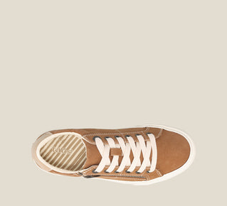 Load image into Gallery viewer, Top down Angle of Z Soul Golden Tan/Tan Distressed Canvas lace up sneaker featuring an Top down zipper,polyurethane removable footbed with rubber outsole 6
