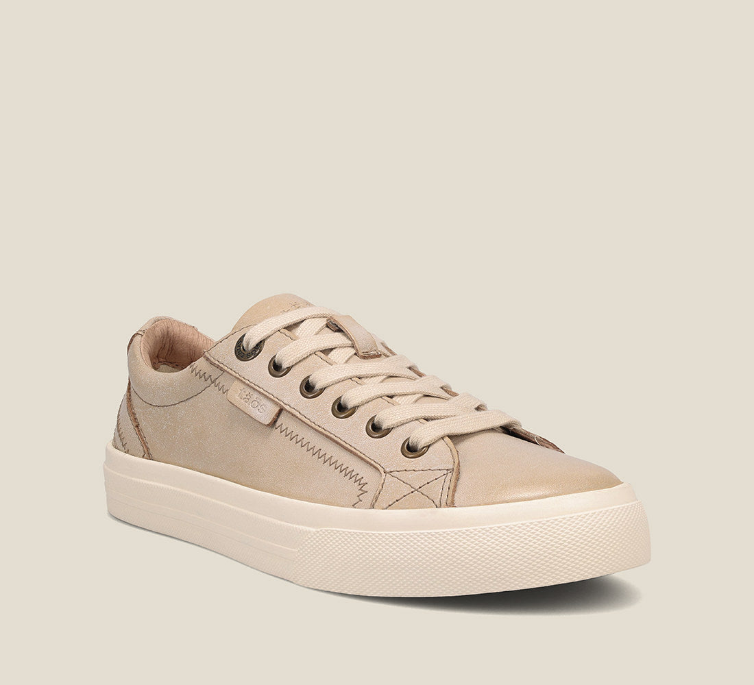 Hero image of Plim Soul Lux Oyster leather sneaker featuring a polyurethane removable footbed with rubber outsole