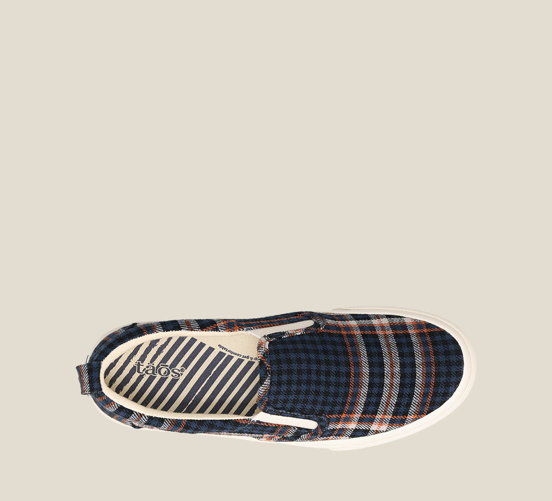Top image of Rubber Soul Blue Plaid Canvas slip-on sneaker Curves & Pods removable footbed with Soft Support and rubber outsole.