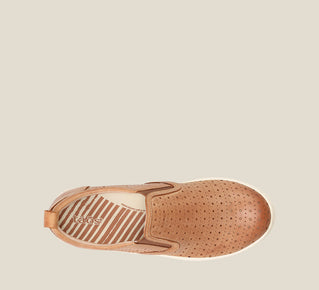 Load image into Gallery viewer, top image of Court Caramel slip on sneaker with perforations and rubber outsole.
