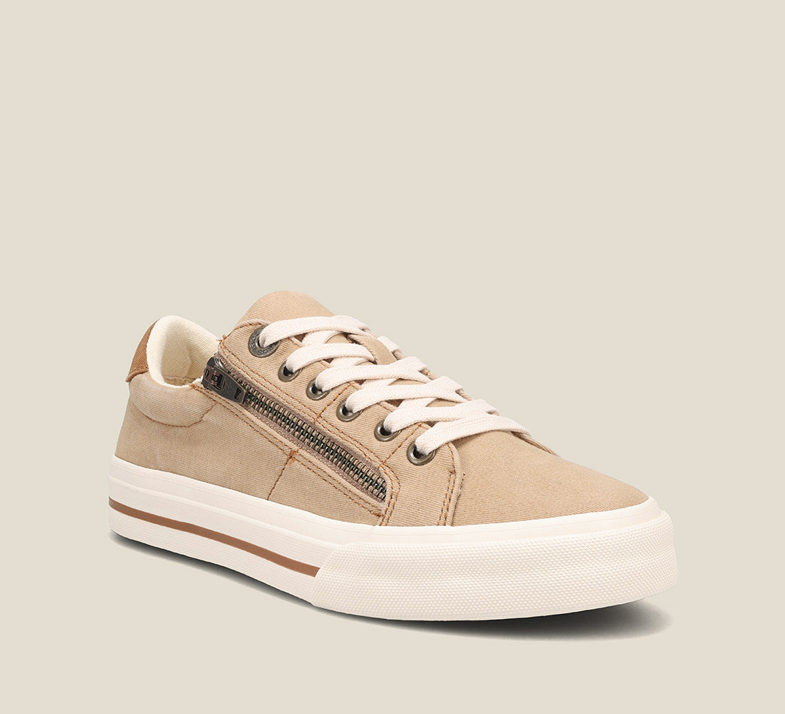 "Hero image of Z Soul Tan Golden Tan Distressed Canvas lace up sneaker featuring an outside zipper