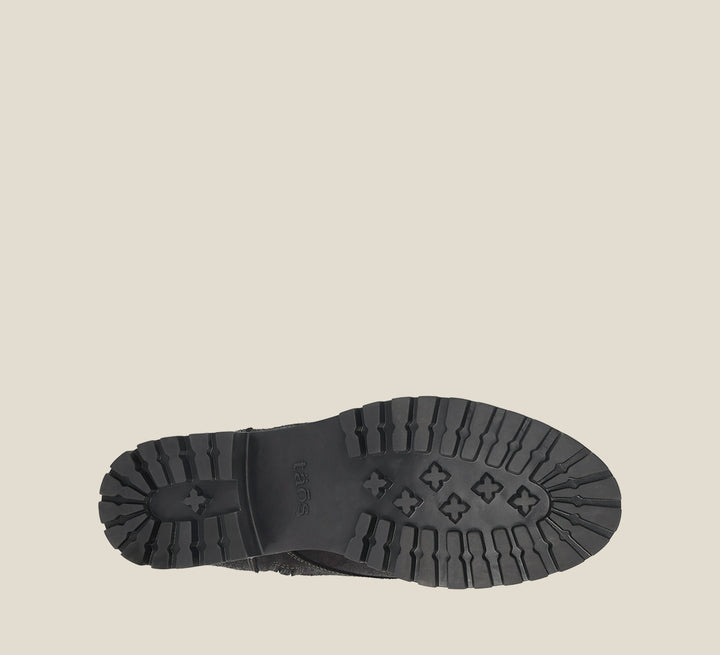 Outsole image of Groupie Black Rugged boot with removable outsoles & an inside zipper lace-up adjustability.