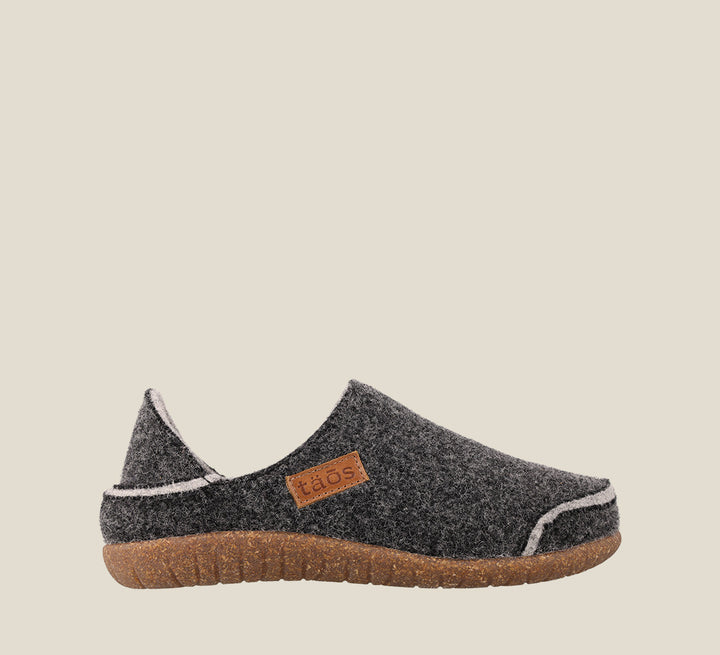 "Outside Angle of Convertawool Charcoal Wool slip on with back, wool lined, featuring a removable footbed & TR outsole
 - size 36"