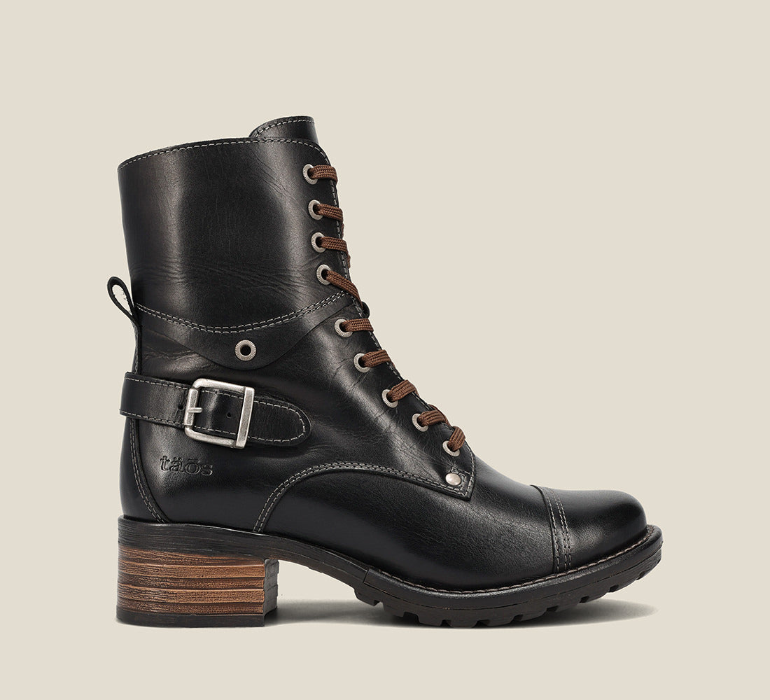 Side image of Crave Black Leather &  boot with buckle & an inside zipper lace-up adjustability.