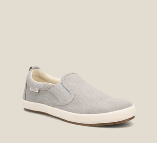 Load image into Gallery viewer, Hero image of Dandy Grey Wash Canvas Flexible slip-on shoe with a polyurethane removable footbed with rubber outsole 6
