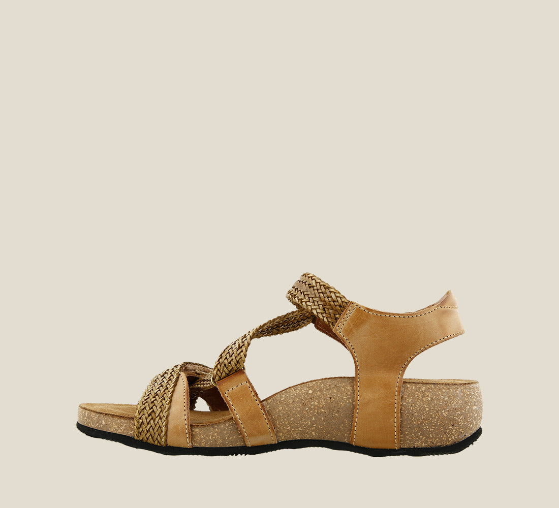 Inside angle of Trulie Camel Casual leather sandal with woven hook and loop straps lightweight cork- footbed lined in suede and lightweight Rubberlon outsole. - size 36