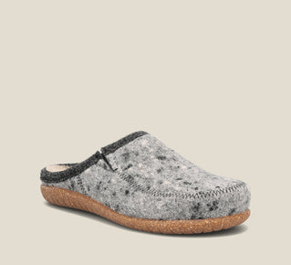 Load image into Gallery viewer, &quot;Hero image of Woollery Navy Two-tone wool slip on clog with cork detail
