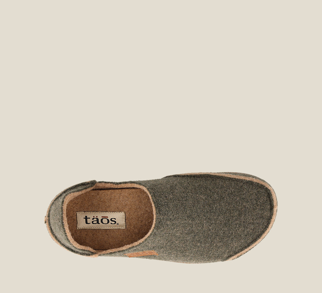 "Top down Angle of Convertawool Olive Wool slip on with back, wool lined, featuring a removable footbed & TR outsole - size 36"