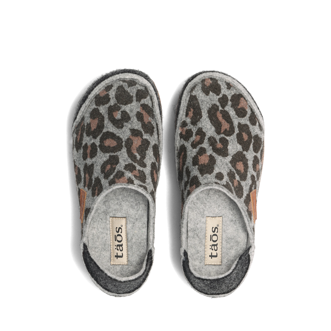 Top down image of Taos Footwear Convertawool Charcoal Leopard Wool Size 36
