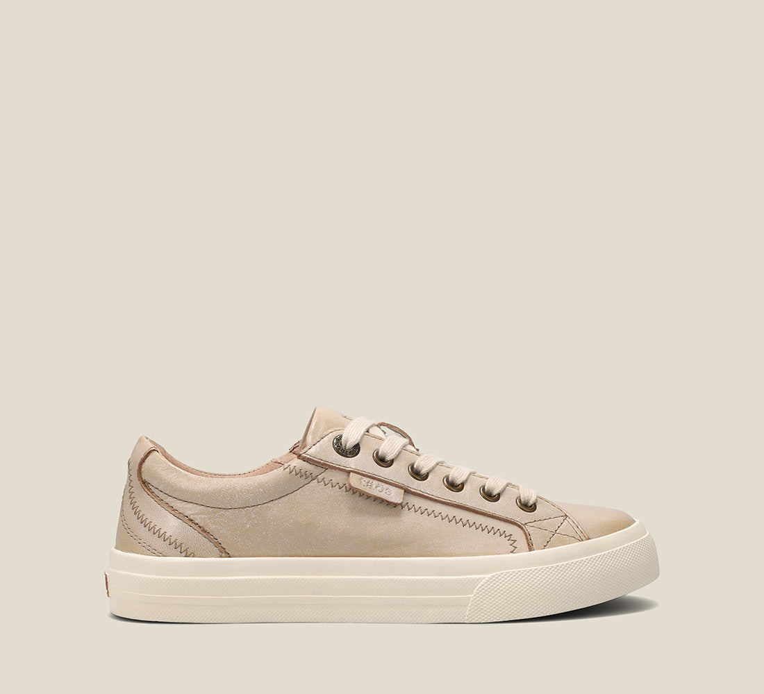 Instep of Plim Soul Lux Oyster leather sneaker featuring a polyurethane removable footbed with rubber outsole