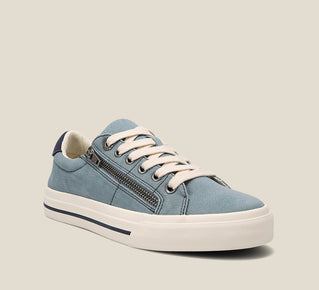 Load image into Gallery viewer, &quot;Hero image of Z Soul Lake Blue Navy Distressed lace up sneaker featuring an outside zipper
