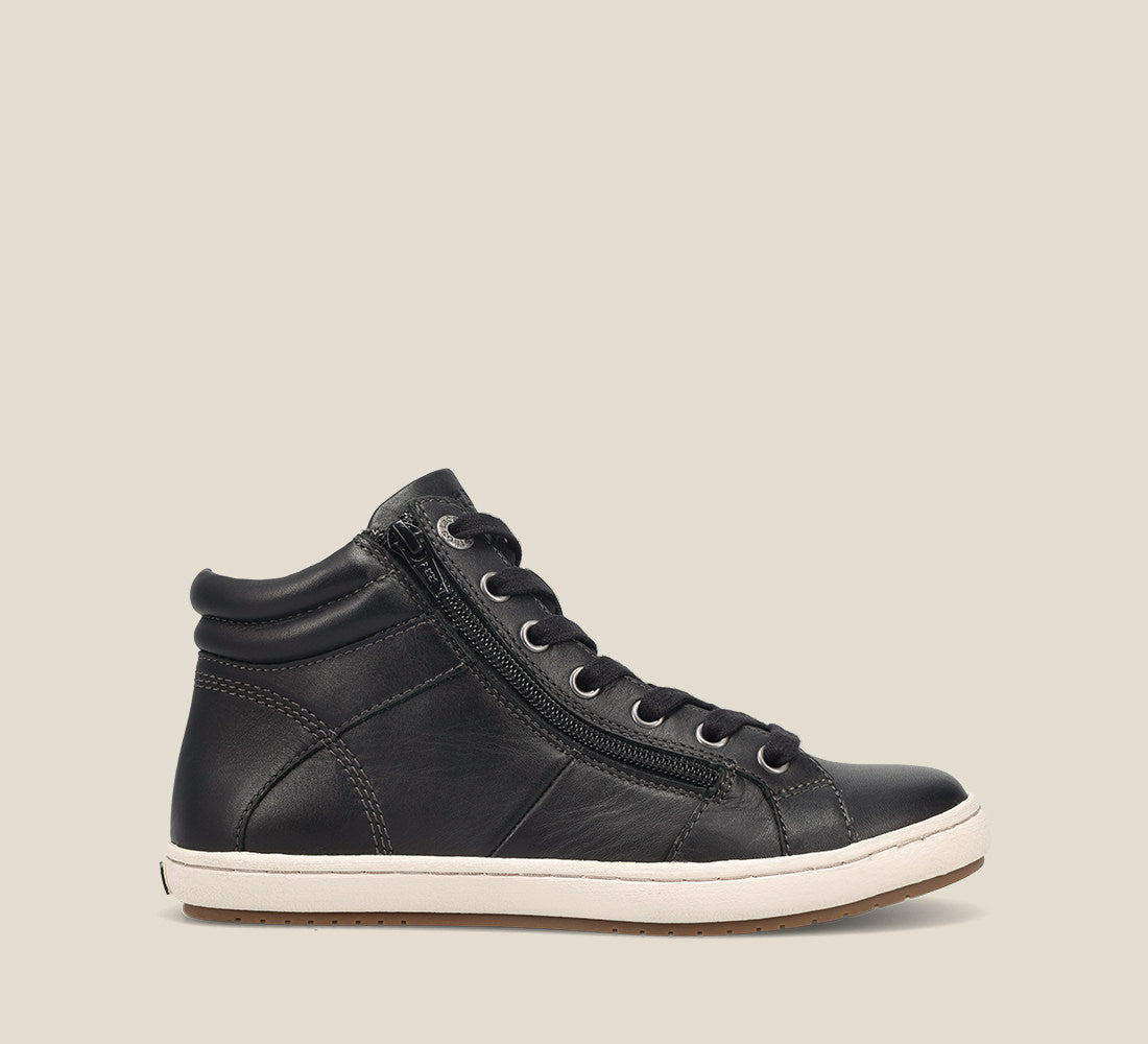 Outside Angle of Union Black Leather high top sneaker featuring a padded collar, lace up adjustability & outside zipper built with a polyurethane removable footbed with, rubber outsole 6
