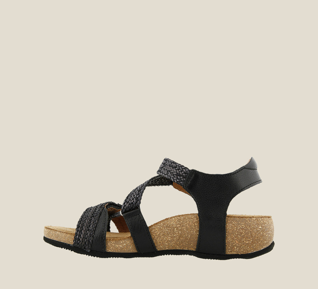 Inside angle of Trulie Black Casual leather sandal with woven hook and loop straps lightweight cork- footbed lined in suede and lightweight Rubberlon outsole. - size 36