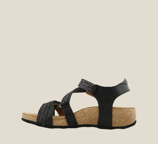 Load image into Gallery viewer, Inside angle of Trulie Black Casual leather sandal with woven hook and loop straps lightweight cork- footbed lined in suede and lightweight Rubberlon outsole. - size 36
