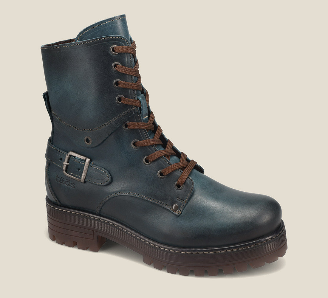 Hero Angle of Gusto Teal lace up combat boot with removable footbed and rubbe outsole
