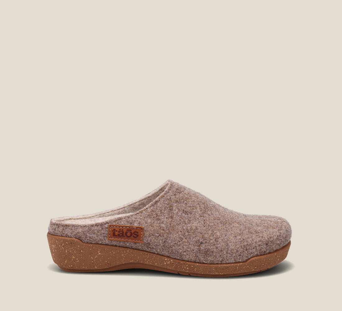 "Outside Angle of Woollery Warm Sand Two-tone wool slip on clog with cork detail, a footbed, & rubber outsole 36"