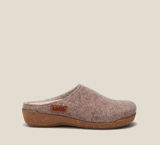 Load image into Gallery viewer, &quot;Outside Angle of Woollery Warm Sand Two-tone wool slip on clog with cork detail, a footbed, &amp; rubber outsole 36&quot;

