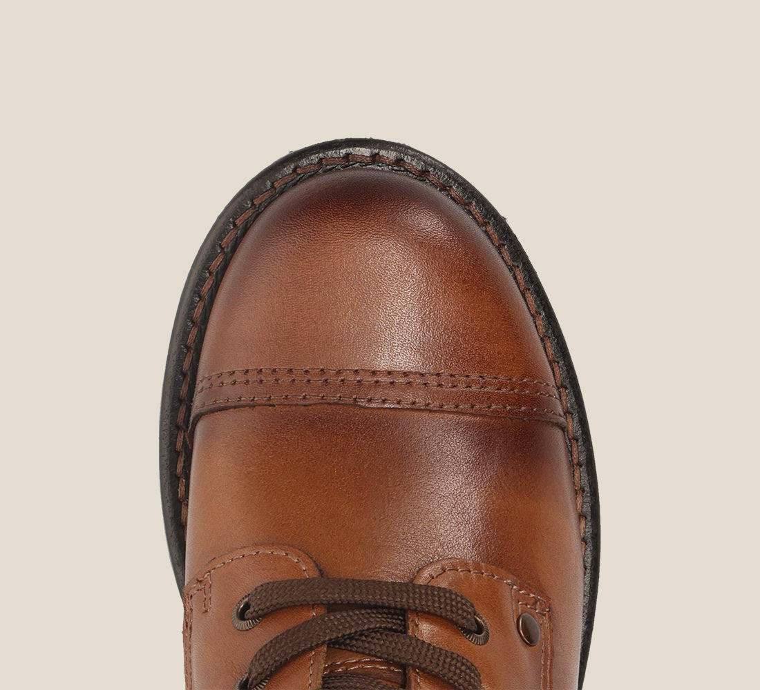 Top down image of Crave Camel Leather &  boot with buckle & an inside zipper lace-up adjustability