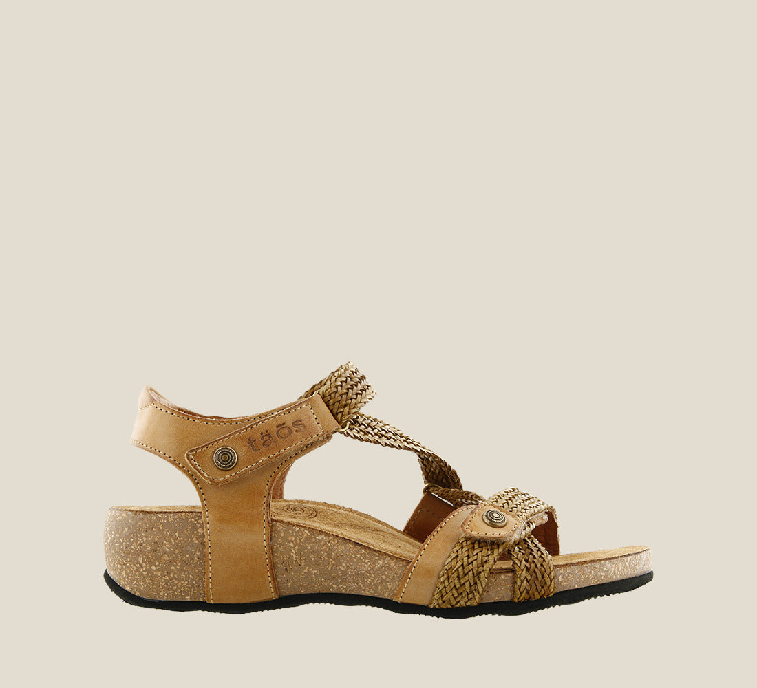Outside angle of Trulie Camel Casual leather sandal with woven hook and loop straps lightweight cork- footbed lined in suede and lightweight Rubberlon outsole. - size 36
