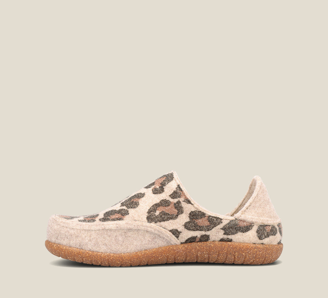 "Side image of Convertawool Stone Leopard Wool Wool slip on with back, wool lined, featuring a removable footbed & TR outsole"