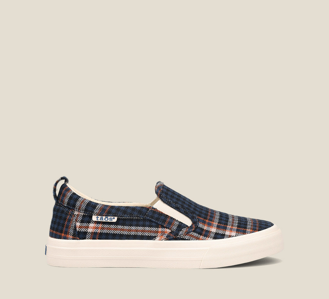 Side image of Rubber Soul Blue Plaid Canvas slip-on sneaker Curves & Pods removable footbed with Soft Support and rubber outsole.