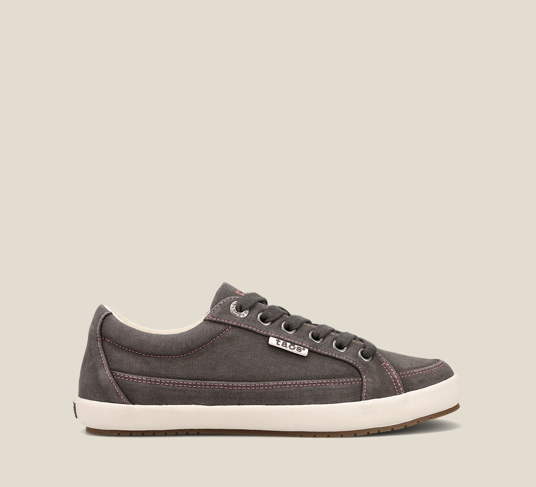 "Side image of Moc Star 2 Graphite Distressed Canvas sneaker with laces, Curves & PodsÂ® polyurethane removable footbed with Soft Supportâ„¢, and durable, flexible rubber outsole."