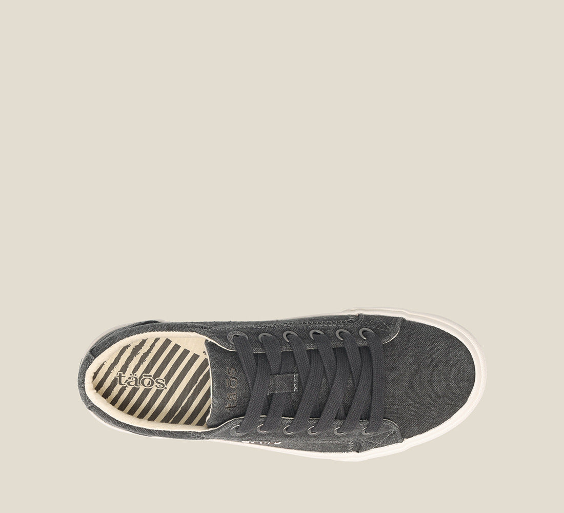 Top down Angle of Plim Soul Charcoal Wash Canvas Canvas sneaker with laces,polyurethane removable footbed with rubber outsole 6