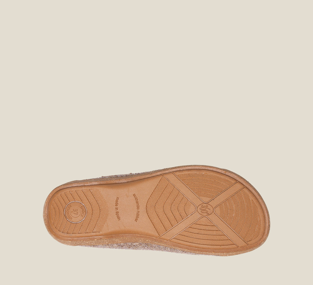 "Outsole Angle of Woollery Warm Sand Two-tone wool slip on clog with cork detail, a footbed, & rubber outsole 36"