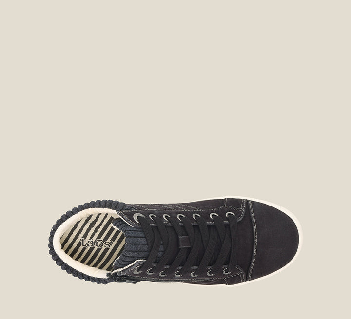 Top down image of Taos Footwear Startup Black Distressed Size 6