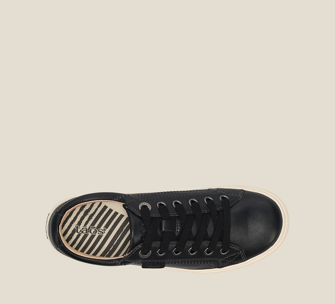Top down Angle of Plim Soul Lux Black Leather leather sneaker featuring a polyurethane removable footbed with rubber outsole 6