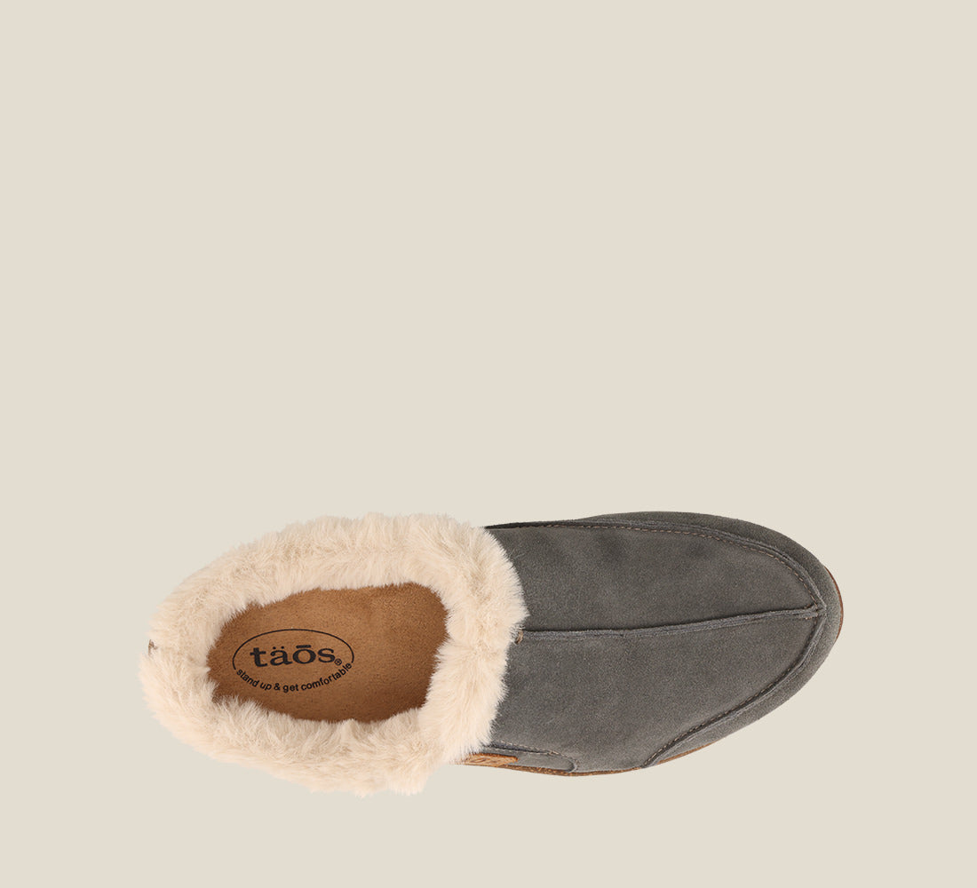 Top down Angle of Future Dark Grey Suede Water resistant suede slip on clog with faux fur lining, a removable footbed, &rubber outsole 6