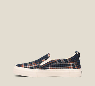 Load image into Gallery viewer, Side image of Rubber Soul Blue Plaid Canvas slip-on sneaker Curves &amp; Pods removable footbed with Soft Support and rubber outsole.
