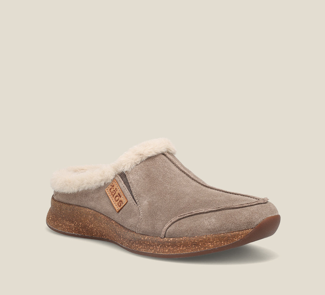 Hero image of Future Dark Taupe Suede Water resistant suede slip on clog with faux fur lining, a removable footbed, &rubber outsole 6