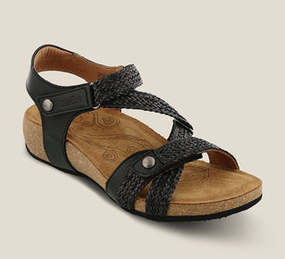 Load image into Gallery viewer, 3/4 Angle of Trulie Black Casual leather sandal with woven hook and loop straps lightweight cork- footbed lined in suede and lightweight Rubberlon outsole. - size 36
