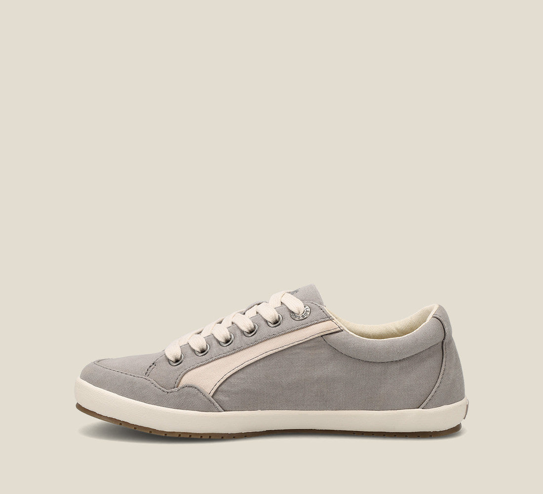 Instep image of Shooting Star Grey Beige Distressed Canvas lace up sneaker with removeable footbed.