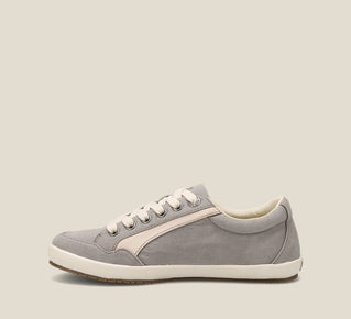 Load image into Gallery viewer, Instep image of Shooting Star Grey Beige Distressed Canvas lace up sneaker with removeable footbed.
