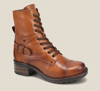 Load image into Gallery viewer, Hero image of Crave Camel Leather &amp;  boot with buckle &amp; an inside zipper lace-up adjustability
