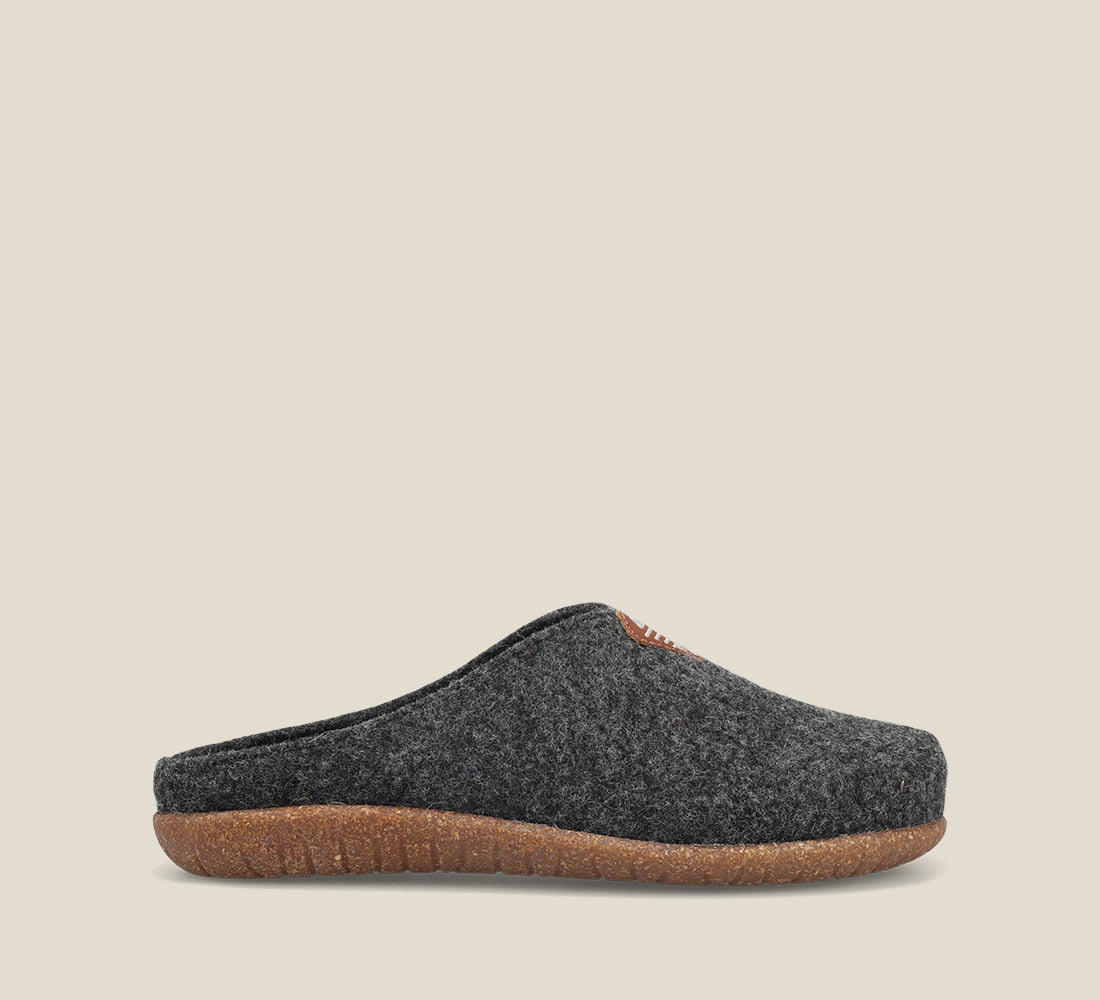 Outside Angle of My Sweet Wool Charcoal Wool clog with featuring a removable footbed with arch & metatarsal support, & TR outsole 36