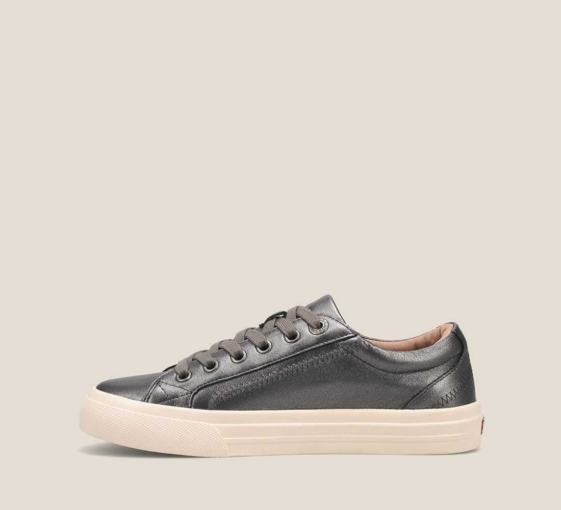 Side angle image of Taos Footwear Plim Soul Lux Pewter Leather Size 6