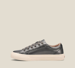 Load image into Gallery viewer, Side angle image of Taos Footwear Plim Soul Lux Pewter Leather Size 6
