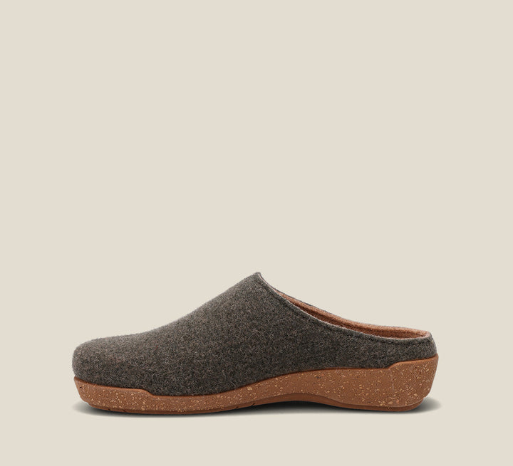 Instep of Woollery Olive Two-tone wool slip on clog with cork detail, a footbed, & rubber outsole 36
